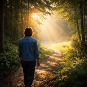 Person walking along a forest path from shadow into warm sunlight, symbolizing healing, hope, and rebuilding trust after spiritual abuse or cult involvement.