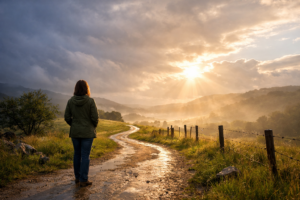 Woman standing on a winding path after a storm, symbolizing resilience, healing, and coping with life’s unexpected challenges