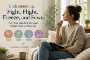 A calm adult sitting in soft natural light, reflecting on fight, flight, freeze, and fawn trauma responses and nervous system healing.