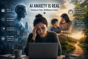 Person looking concerned while using a laptop as artificial intelligence transforms work and society, representing AI anxiety about job loss, memory decline, and the future of children.