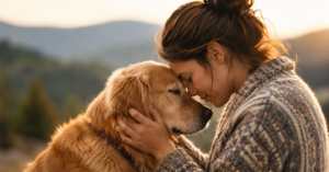 Woman gently touching foreheads with her golden retriever, symbolizing intuitive communication and the deep human-animal bond
