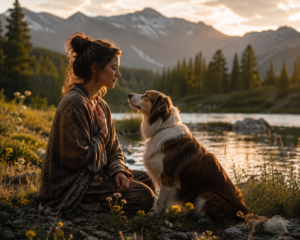 Person quietly connecting with an animal in nature, representing intuitive animal communication, mindfulness, and the spiritual human-animal bond