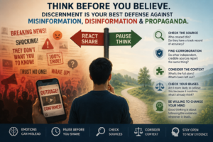 Person pausing before sharing online information, illustrating how to identify misinformation, disinformation, and propaganda by checking sources, context, bias, and evidence.