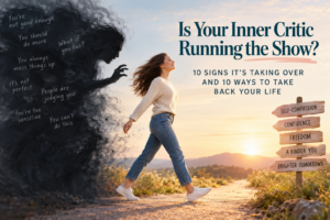 Woman walking away from a dark inner critic toward sunlight, self-compassion, confidence and freedom, representing overcoming negative self-talk and self-criticism.